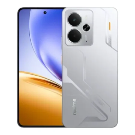Realme 14 5G smartphone in silver, front and back view