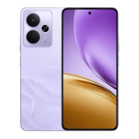 Realme 14T 5G smartphone in lightning purple, front and back view