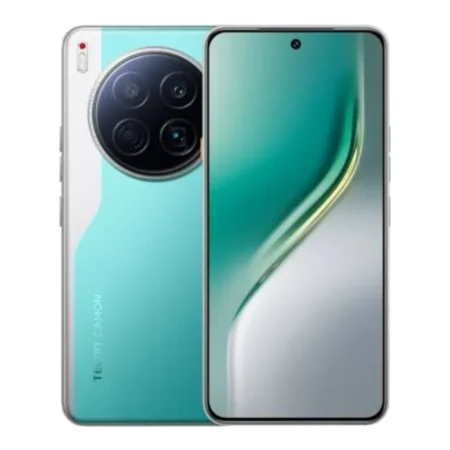 Tecno Camon 40 Premier 5G smartphone in emerald lake green, front and back view