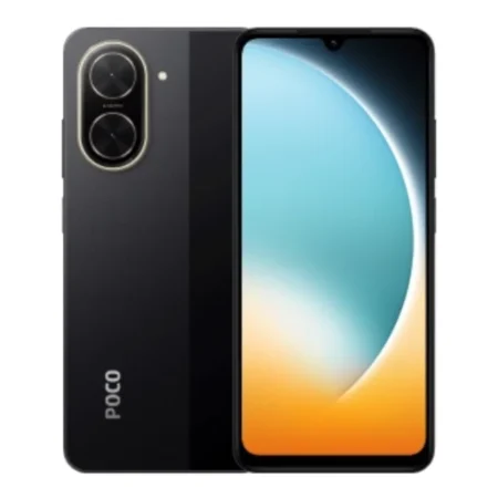 Xiaomi Poco C71 smartphone in power black, front and back view