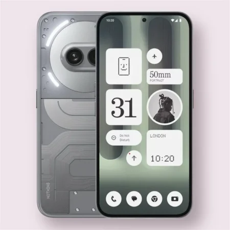 Nothing Phone 2a plus smartphone in gray, front and back view