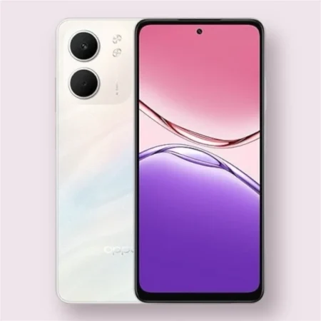 Oppo A5x smartphone in laser white, front and back view