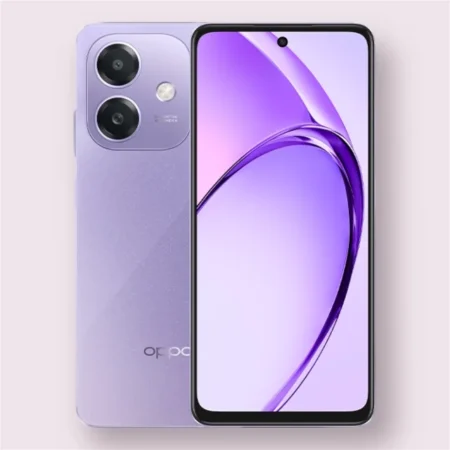 Oppo A5i smartphone in purple, front and back view
