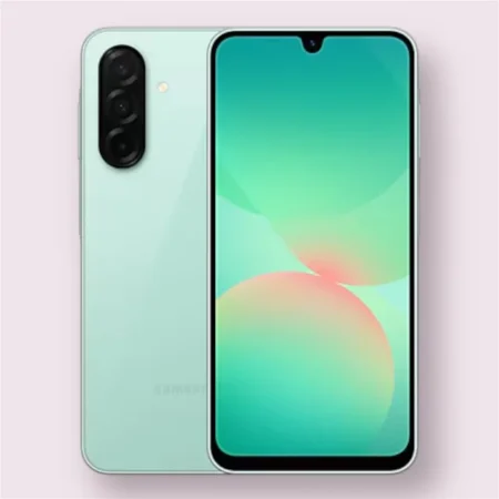 Samsung Galaxy A26 5G smartphone in mint, front and back view