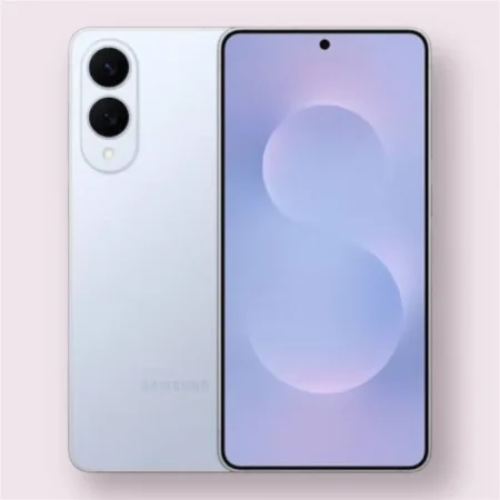 Samsung Galaxy S25 Edge smartphone in titanium icyblue, front and back view