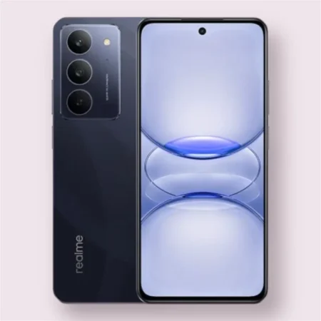 Realme C75x smartphone in oceanic blue, front and back view