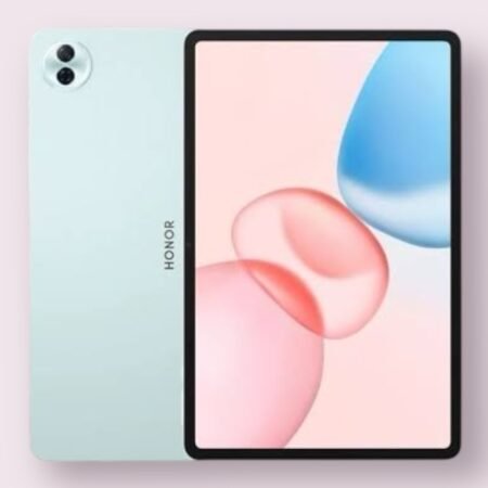 Honor Pad 10 tablet in cyan, front and back view