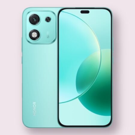 Honor X70i smartphone in mint green, front and back view