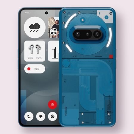 Nothing Phone (3a) smartphone in blue, front and back view