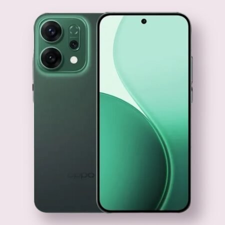 Oppo Reno14 smartphone in tranquil green, front and back view