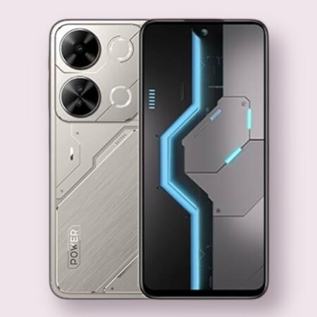 itel P65 smartphone in cyber titanium, front and back view