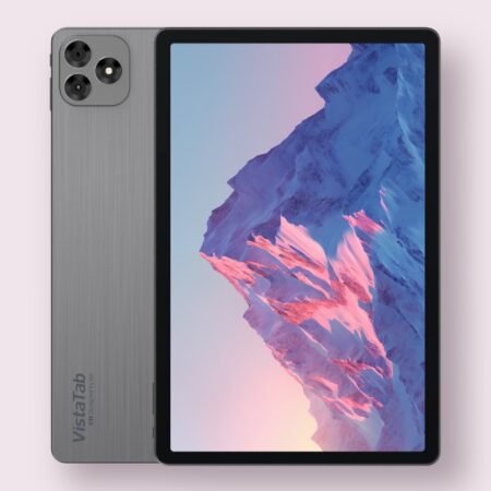 itel VistaTab 30 tablet in deep gray, front and back view
