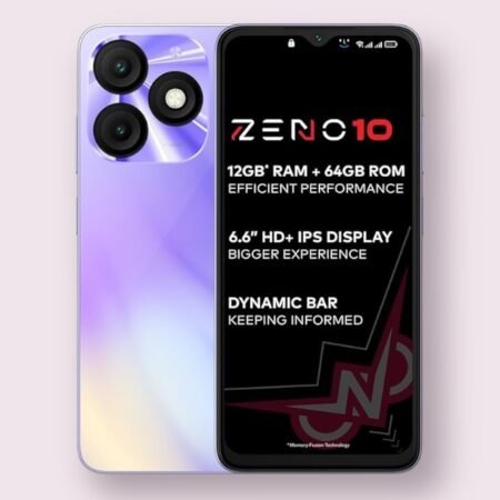 Itel Zeno 10 smartphone in opal purple, front and back view